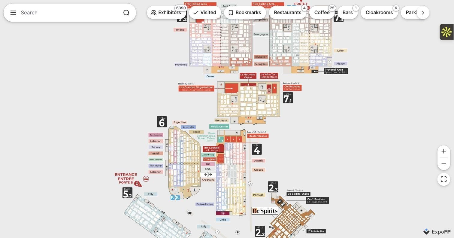 Wine Paris 2026 exhibition floor plan — halls organized by wine region at Paris Expo Porte de Versailles