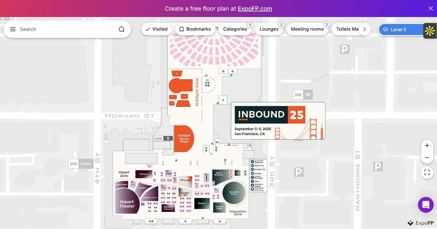 Interactive floor plan with a restroom, elevator, and stairs icon legend plus a Level 0 floor switcher at Inbound 2025