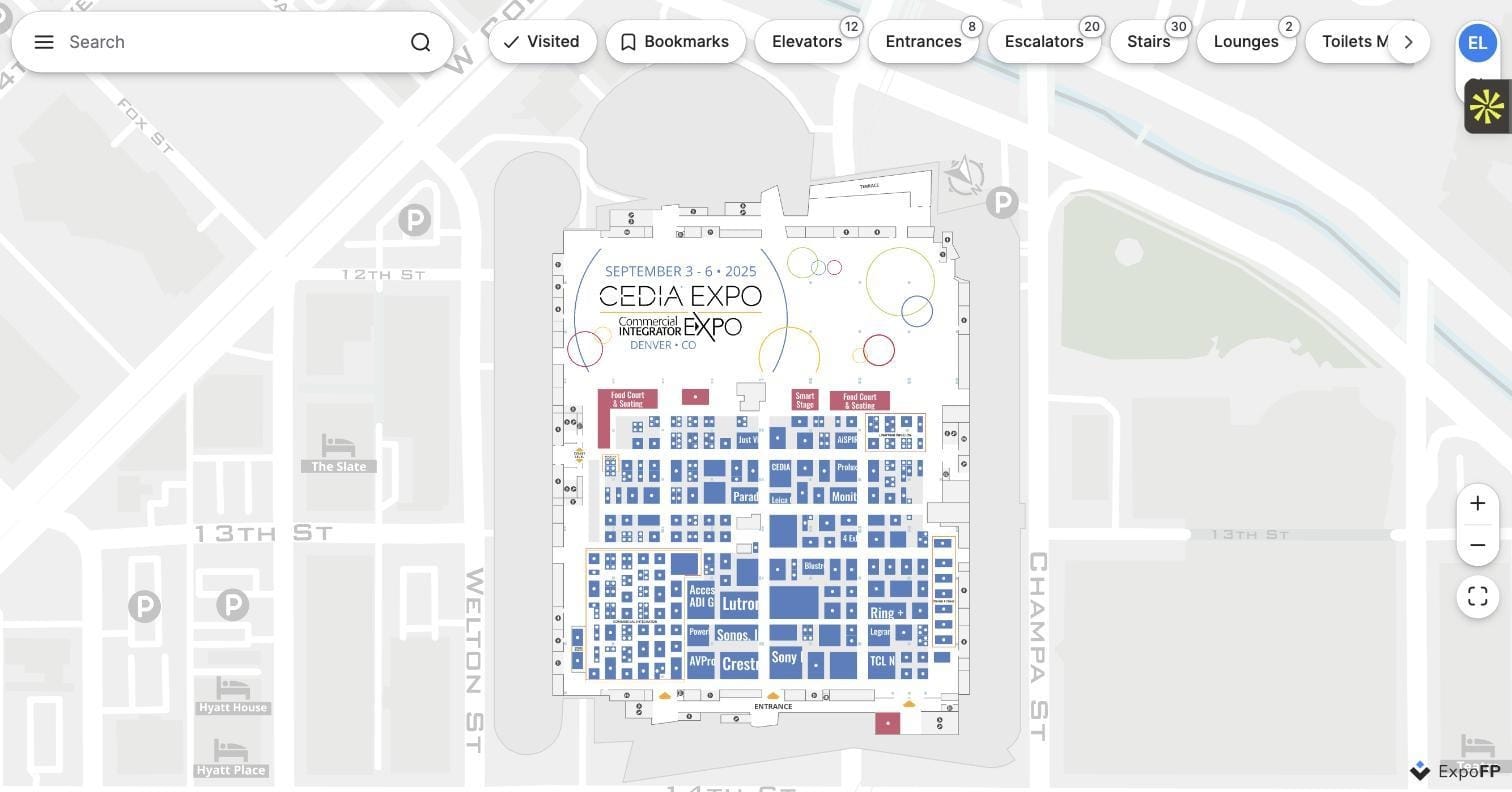 Named exhibitor booths (Sony, Sonos, Crestron) laid out on a color-coded interactive floor plan at CEDIA Expo 2025