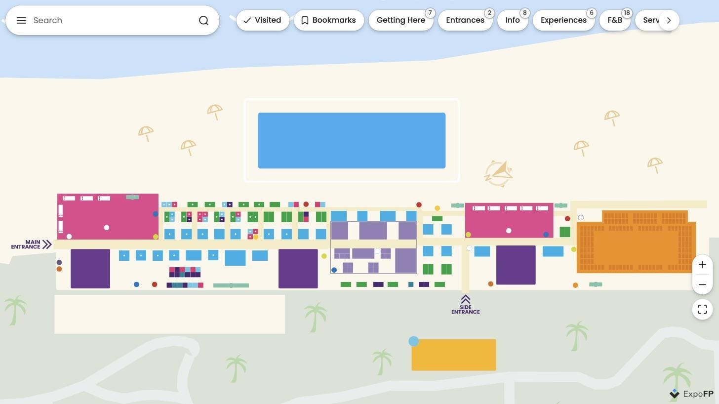 Future Proof Citywide 2026 interactive floor plan on Miami Beach showing tents, stages and QR-scannable zones