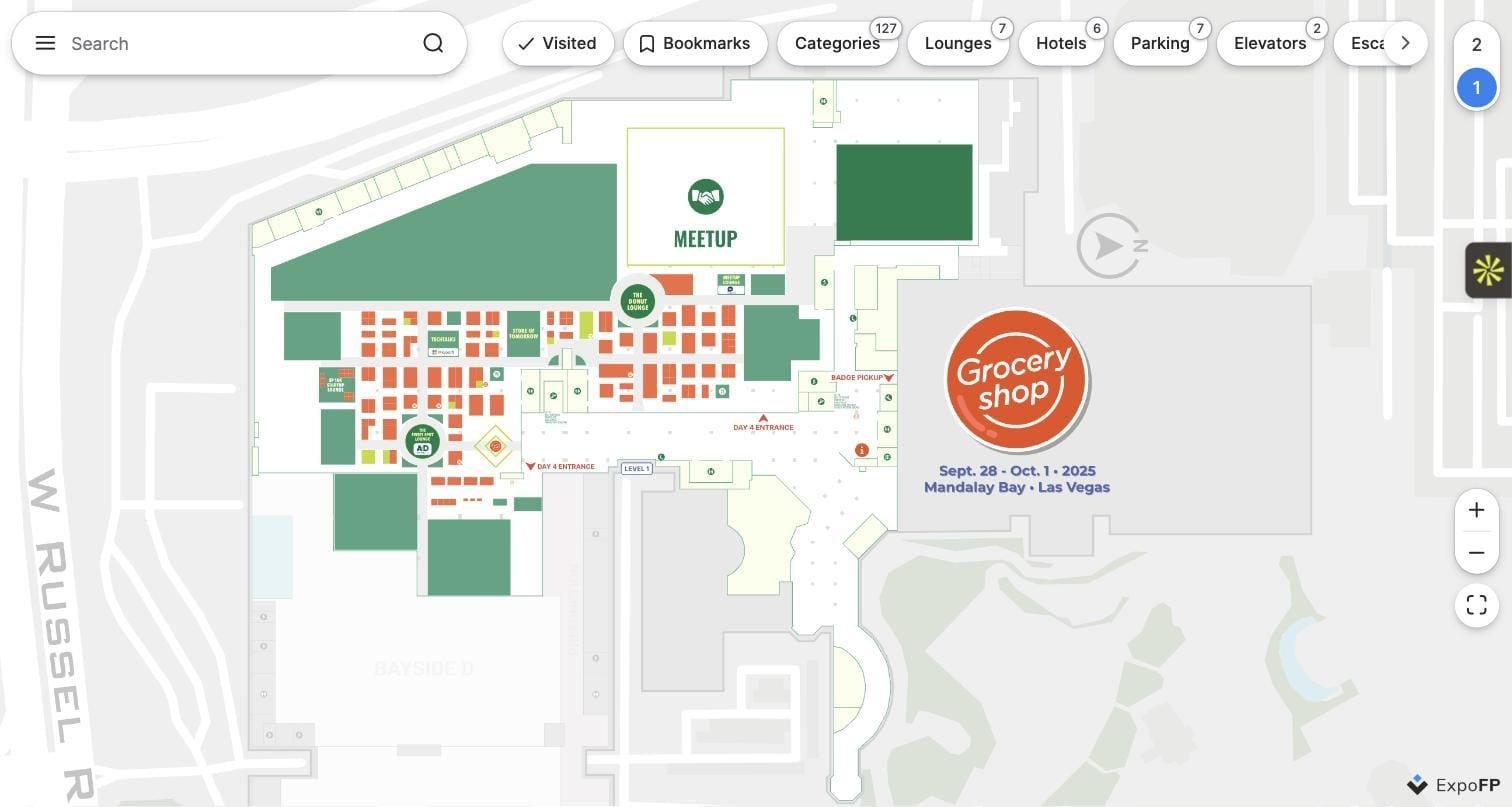 Groceryshop 2025 interactive floor plan at Mandalay Bay Convention Center Las Vegas with color-coded booth categories