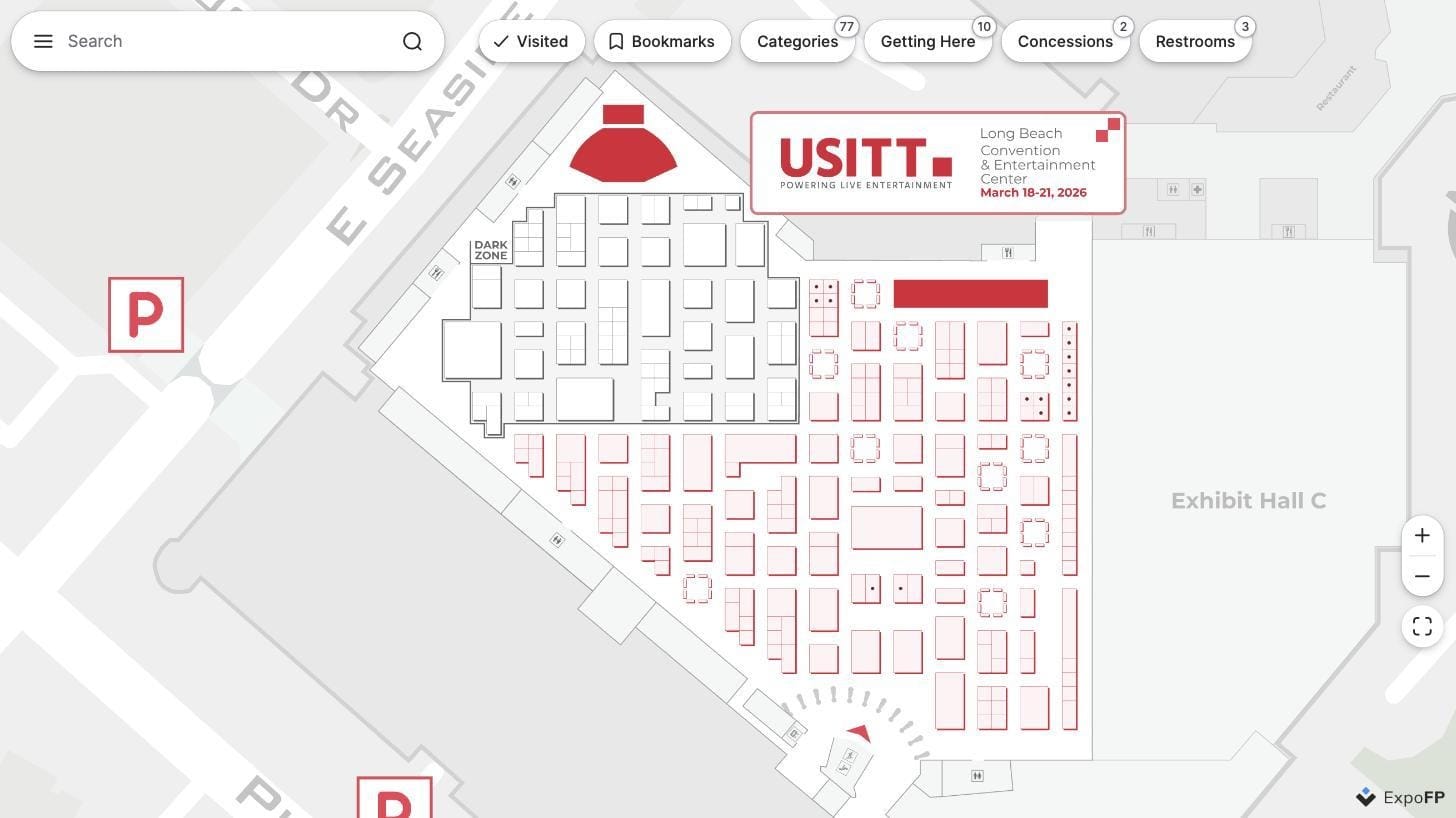 USITT 2026 floor plan at Long Beach Convention & Entertainment Center showing hall shape, dark zone and parking exits