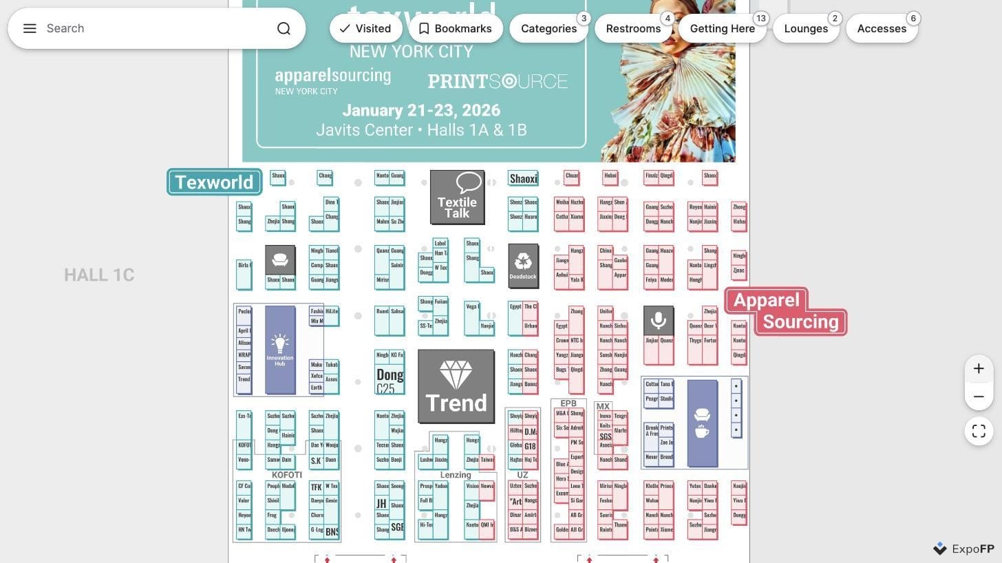 Interactive floor plan showing color-coded exhibitor zones and hall sections for an apparel sourcing trade show