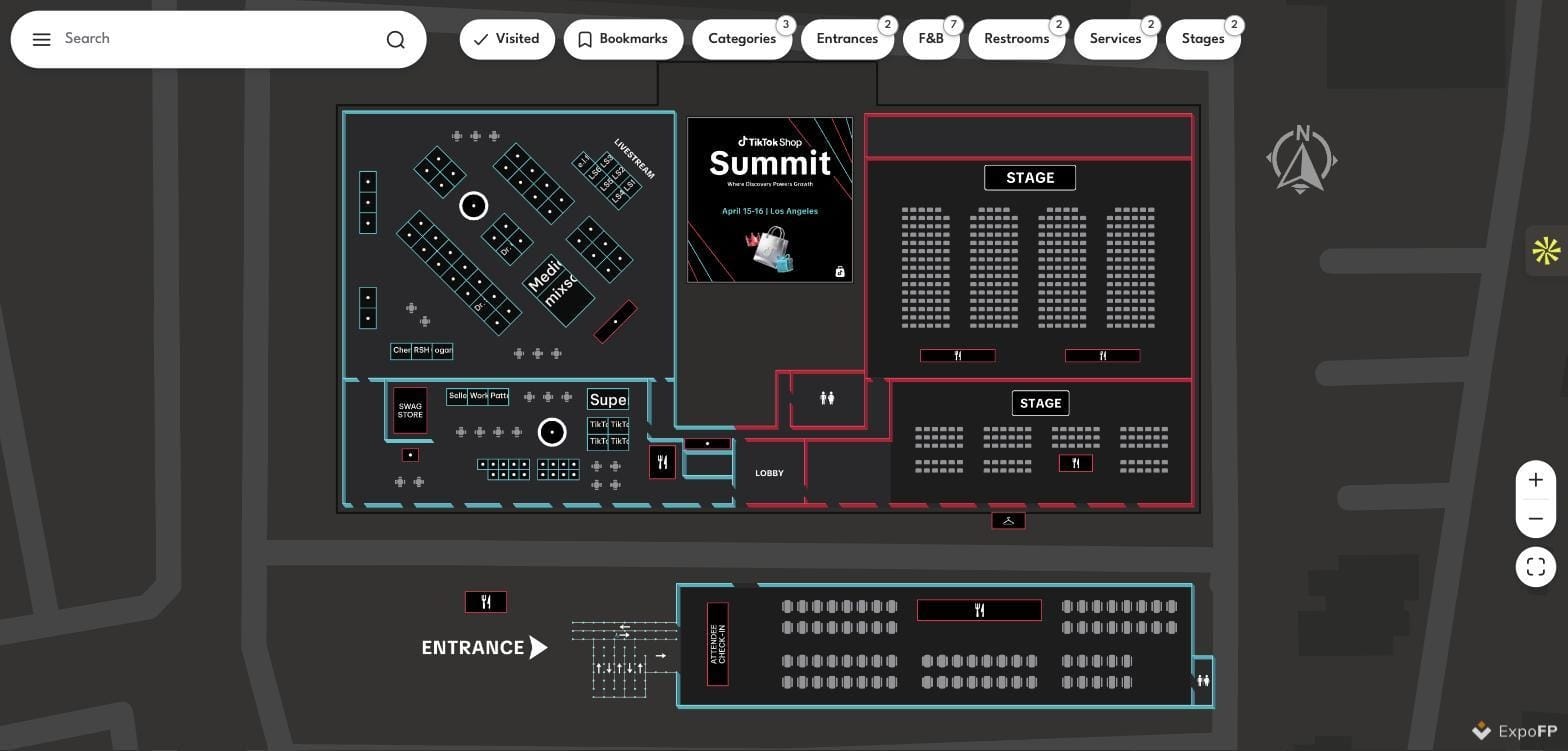 TikTok Shop Summit 2026 interactive floor plan showing entrance, lobby and dual seating stages