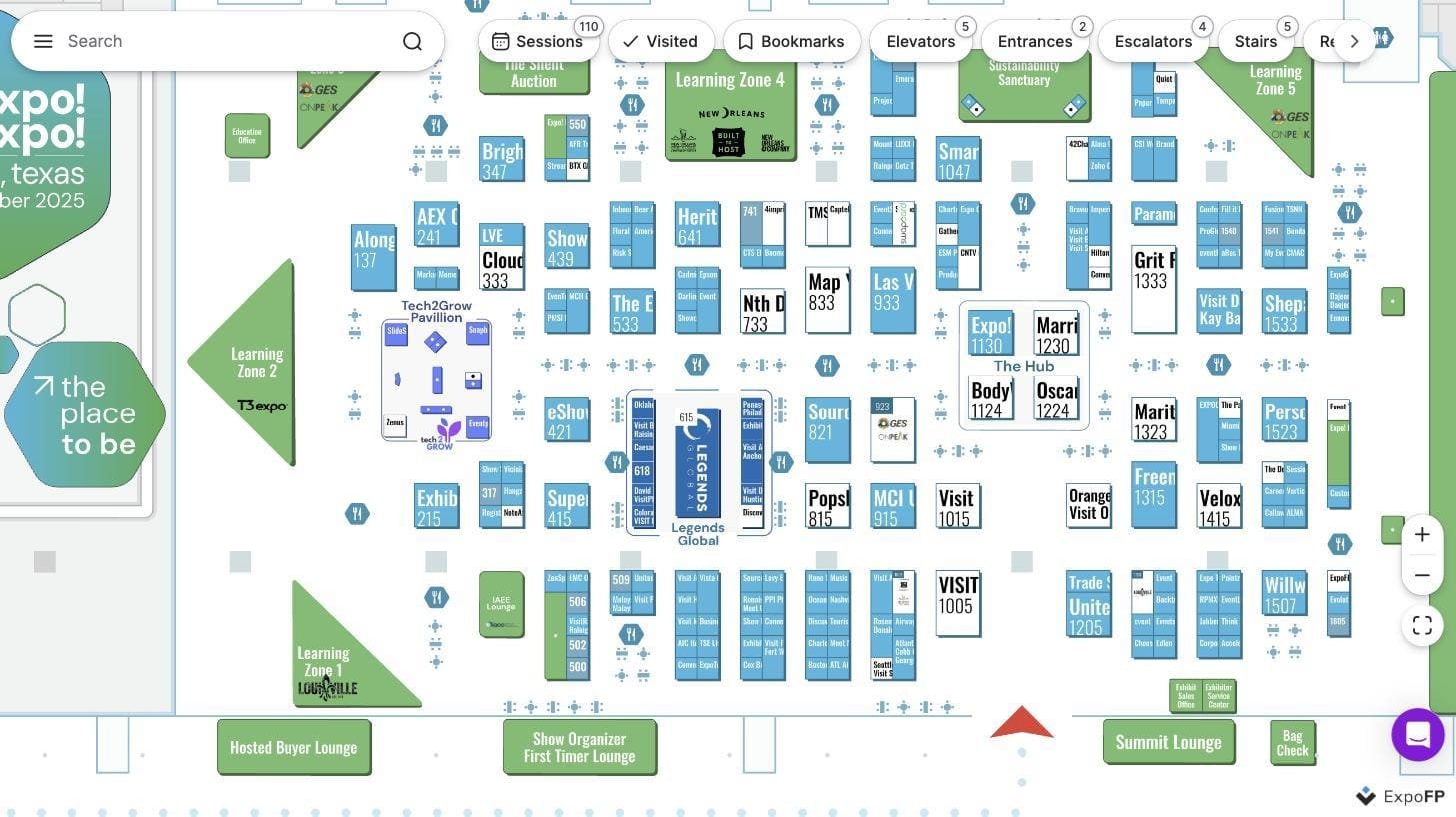 Trade show floor plan with grid-style aisle and booth numbering visible across rows of exhibit booths