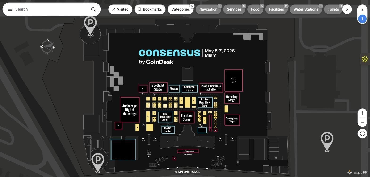 Consensus Miami 2026 interactive floor plan showing stages, lounges and sponsor zones ready for booth sales