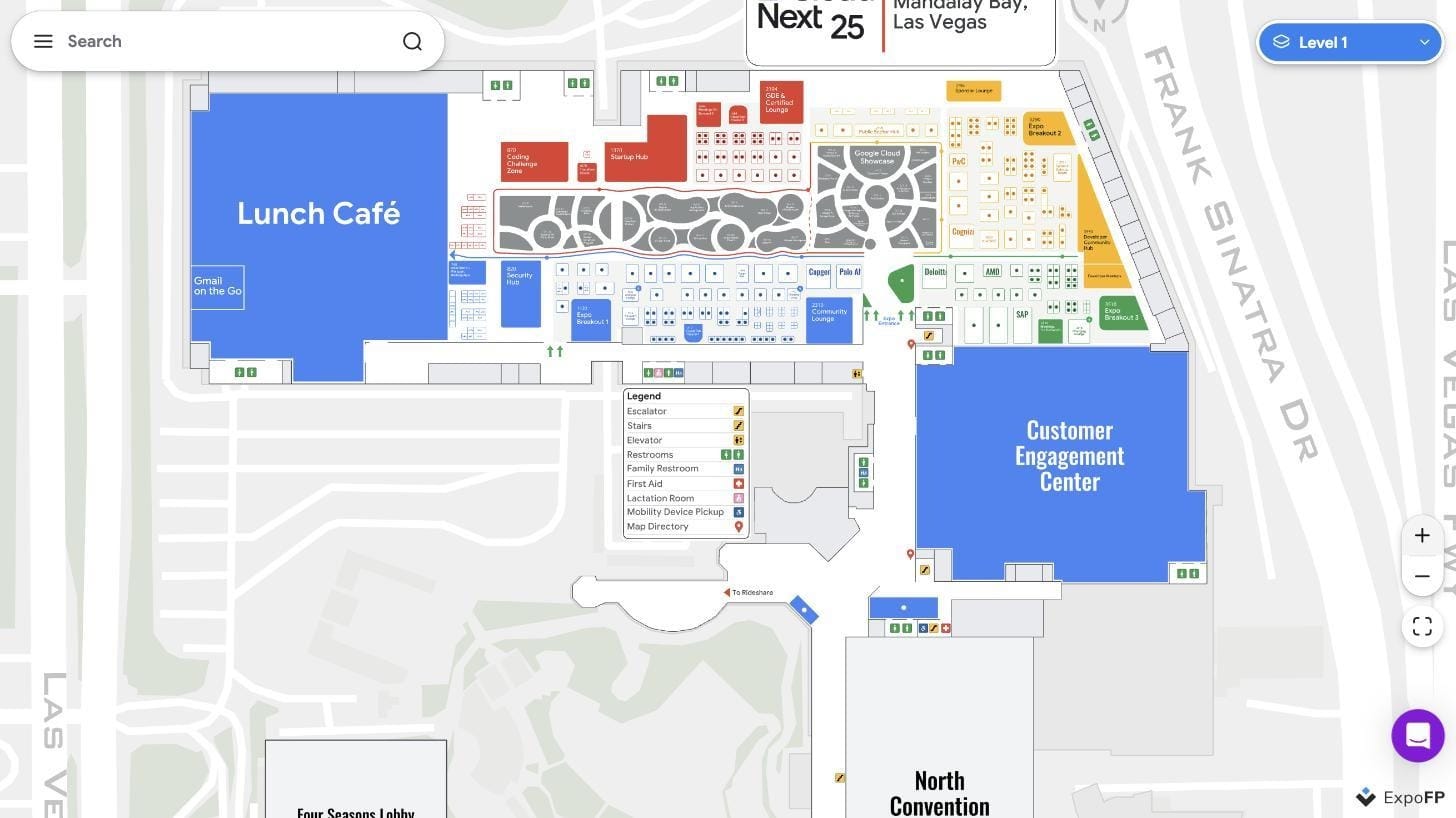 Trade show floor plan showing named sponsor zones including a startup hub, coding challenge zone, and vendor showcase pavilion