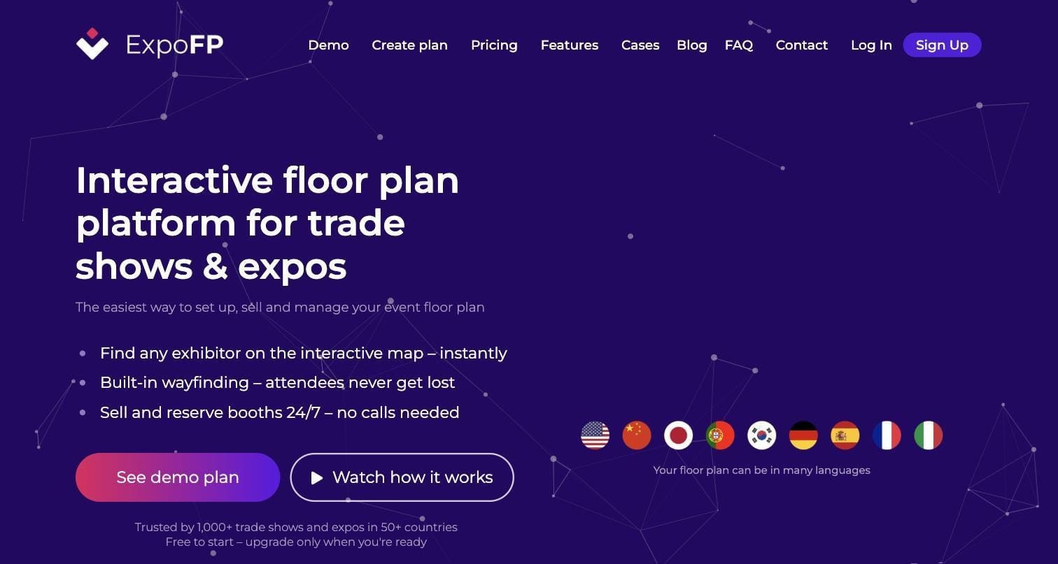 ExpoFP website — interactive floor plan platform for trade shows and expos