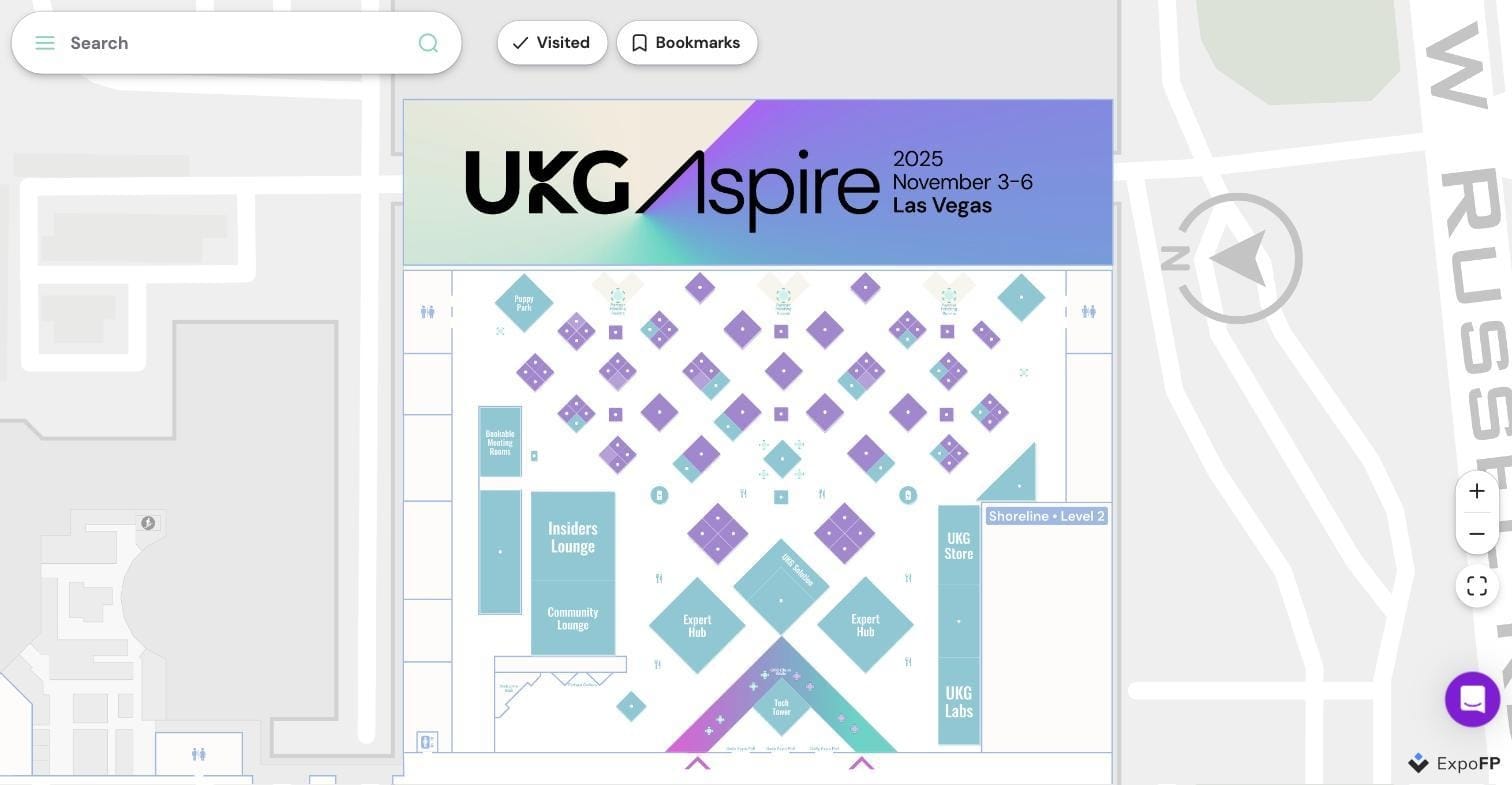 Interactive floor plan showing branded sponsor lounges, an expert hub, and a UKG store activation area at a conference