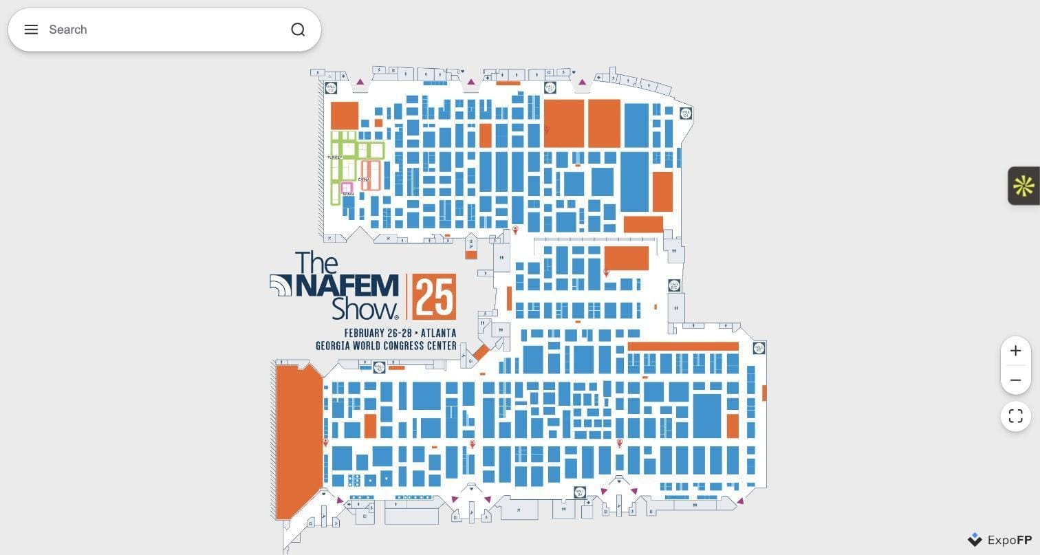 The NAFEM Show 2025 floor plan at Georgia World Congress Center showing booths of different sizes and locations across three halls