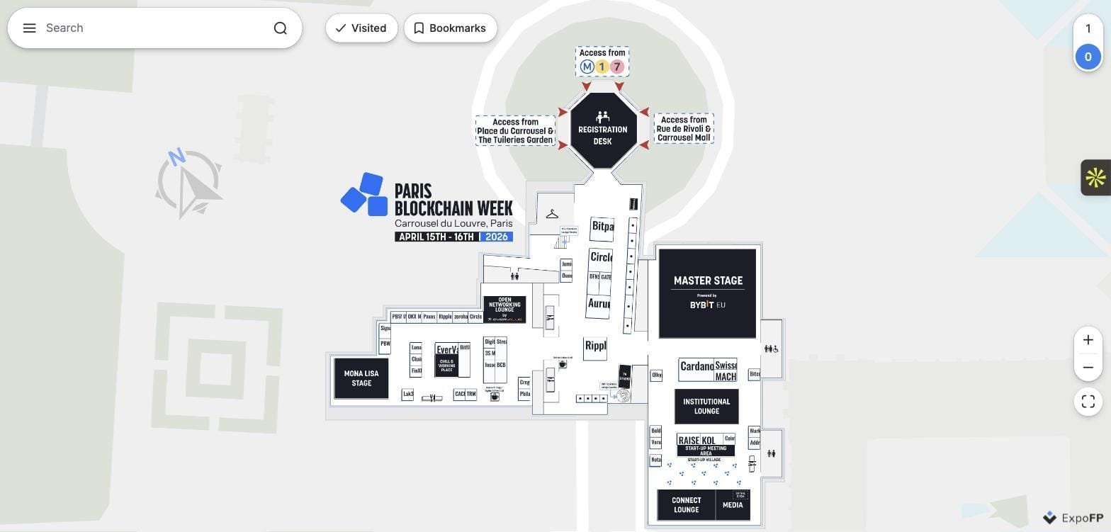 Paris Blockchain Week 2026 floor plan showing multiple entrance access points converging on a central registration desk