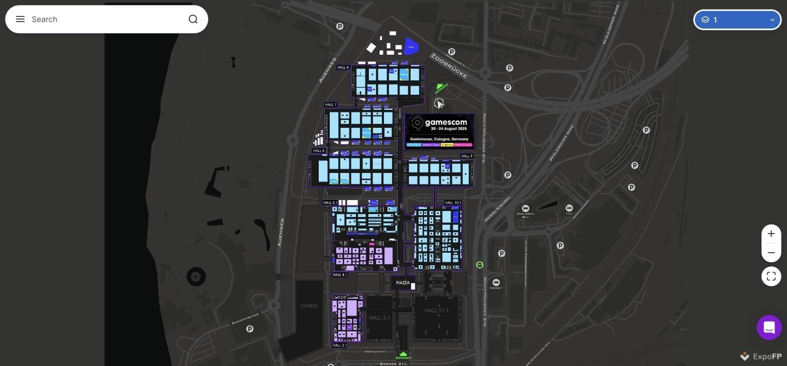 gamescom 2025 interactive floor plan at Koelnmesse showing eleven exhibition halls