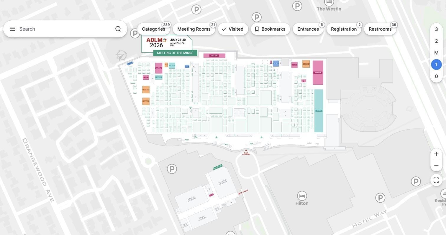 ADLM 2026 interactive floor plan at Anaheim Convention Center with exhibitor categories and multi-level navigation