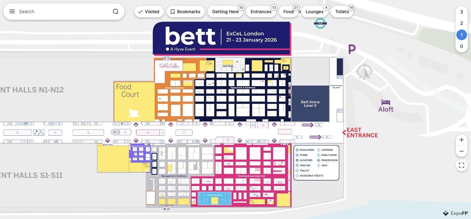 Bett UK 2026 interactive floor plan at ExCeL London with zone colours and amenity legend
