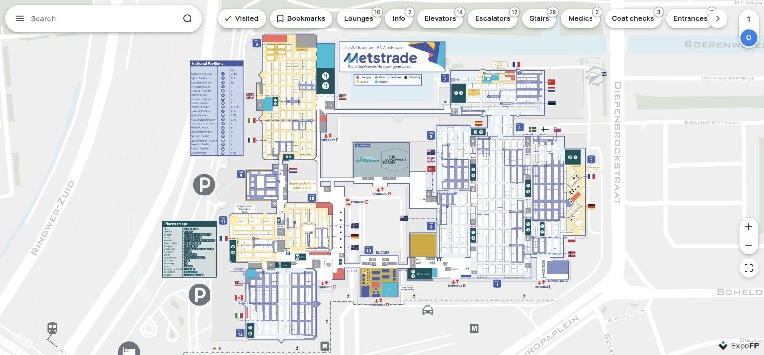 Metstrade 2025 interactive floor plan at RAI Amsterdam with national pavilion index and amenity icons