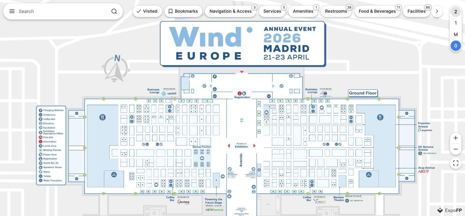 WindEurope 2026 ground floor plan at IFEMA Madrid with amenity legend and floor selector