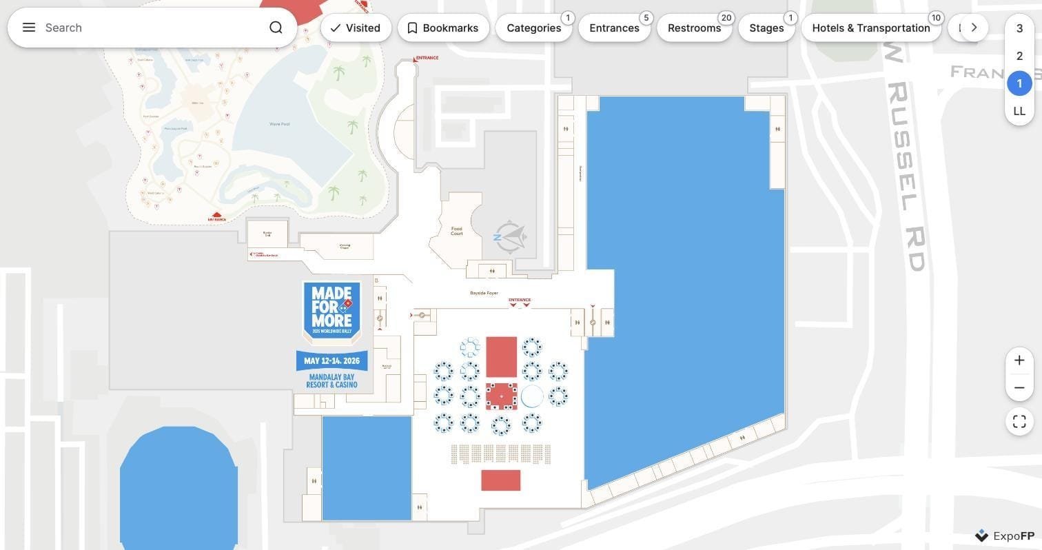 Domino’s 2026 Worldwide Rally interactive floor plan at Mandalay Bay Convention Center with entrances and multiple levels