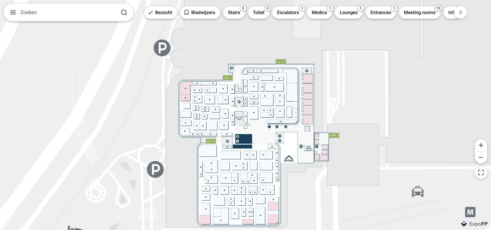 PROVADA 2026 interactive floor plan at RAI Amsterdam showing exhibition hall scale