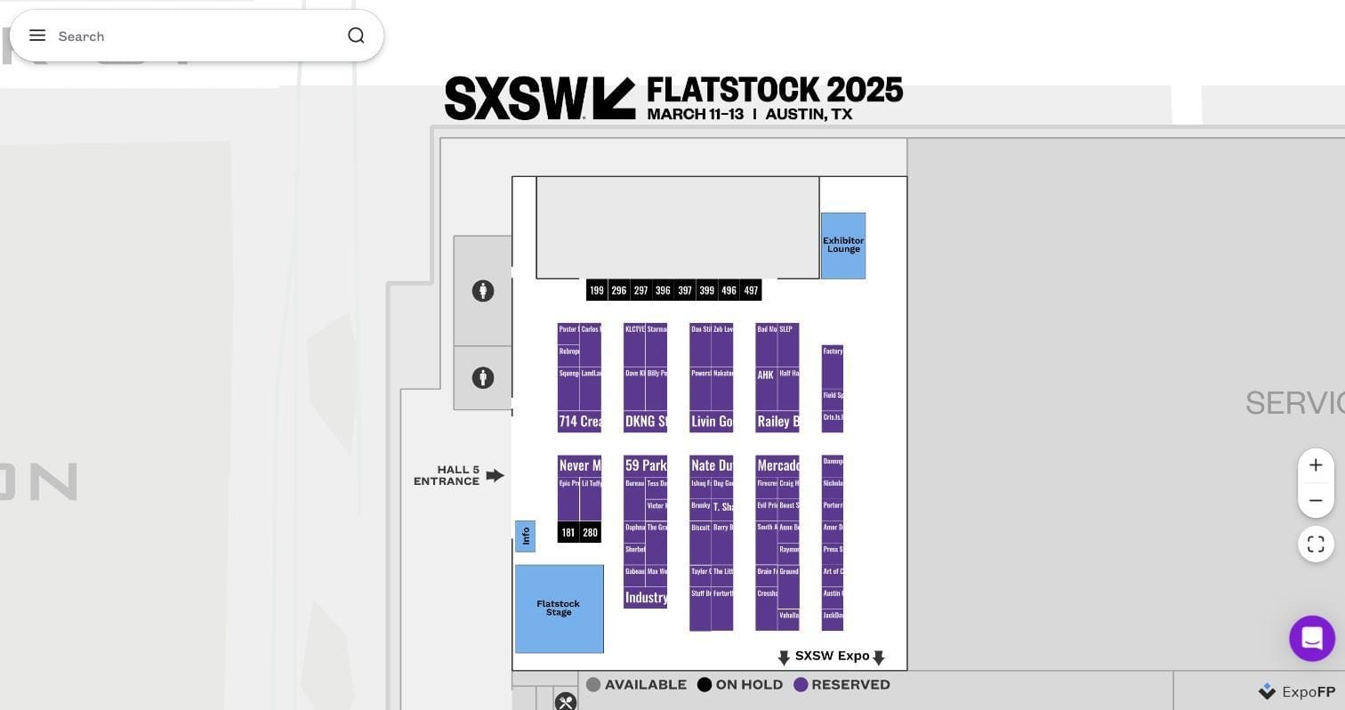 Interactive floor plan for SXSW 2025 Flatstock showing available, on-hold and reserved booths