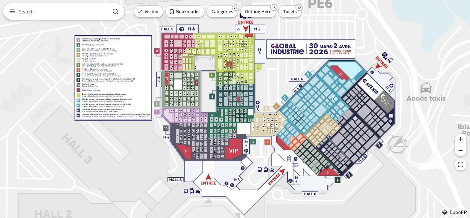 Global Industrie 2026 floor plan at Paris Nord Villepinte with colour-coded industrial sectors