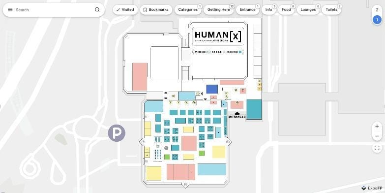 HumanX Amsterdam 2026 interactive floor plan at RAI Amsterdam, showing exhibitor stands, stage and entrance