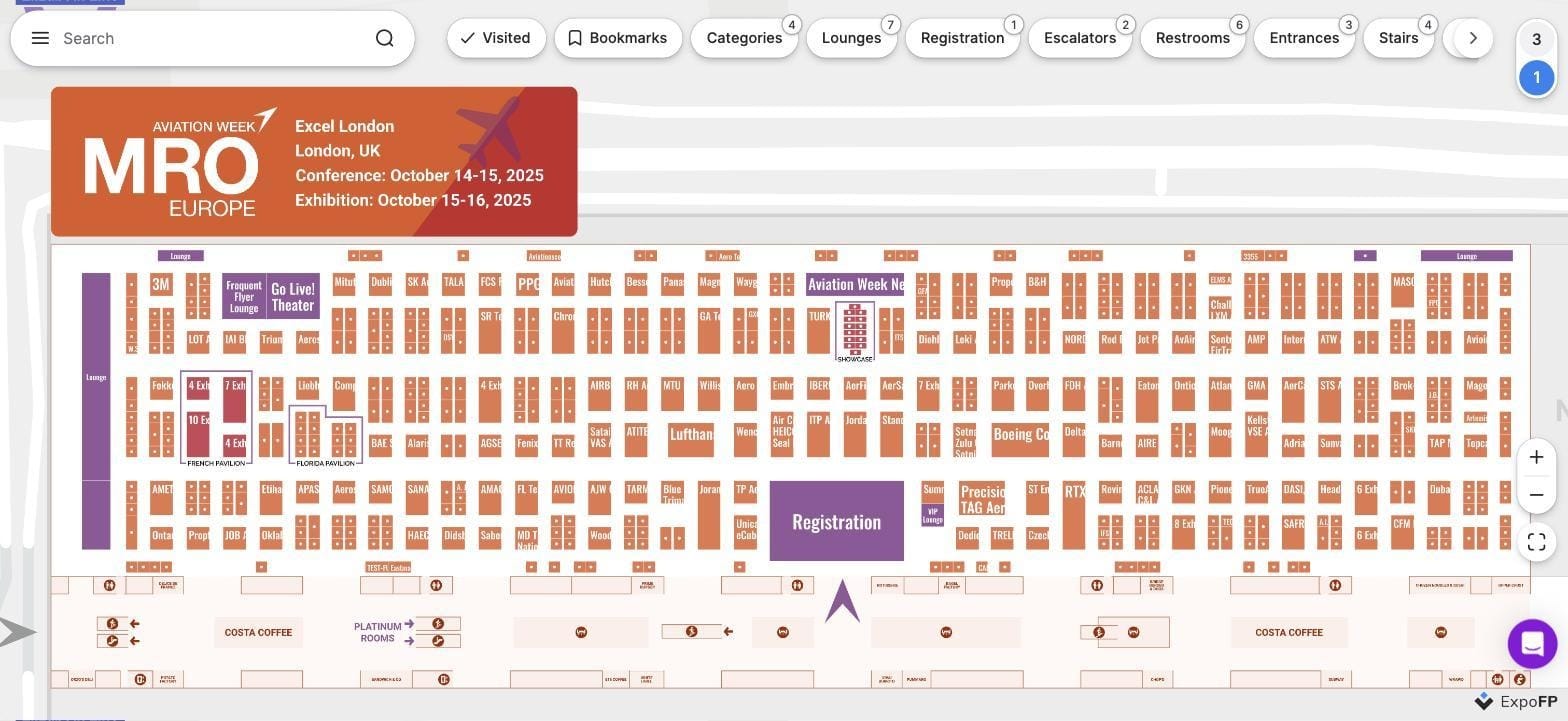 MRO Europe 2025 interactive floor plan showing booth grid at ExCeL London