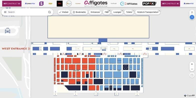 iGB L!VE 2026 interactive floor plan at ExCeL London with sponsor bar, colour-coded stand zones and hotels-and-transport layer