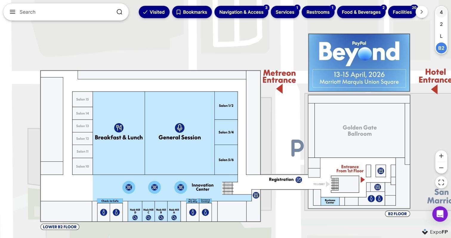 PayPal Beyond 2026 interactive floor plan for Marriott Marquis Union Square showing multiple hotel levels
