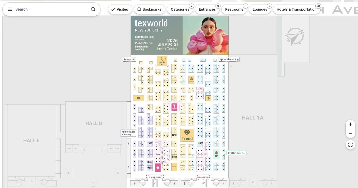 Texworld NYC 2026 wayfinding signage and zone labels on the interactive floor plan at Javits Center
