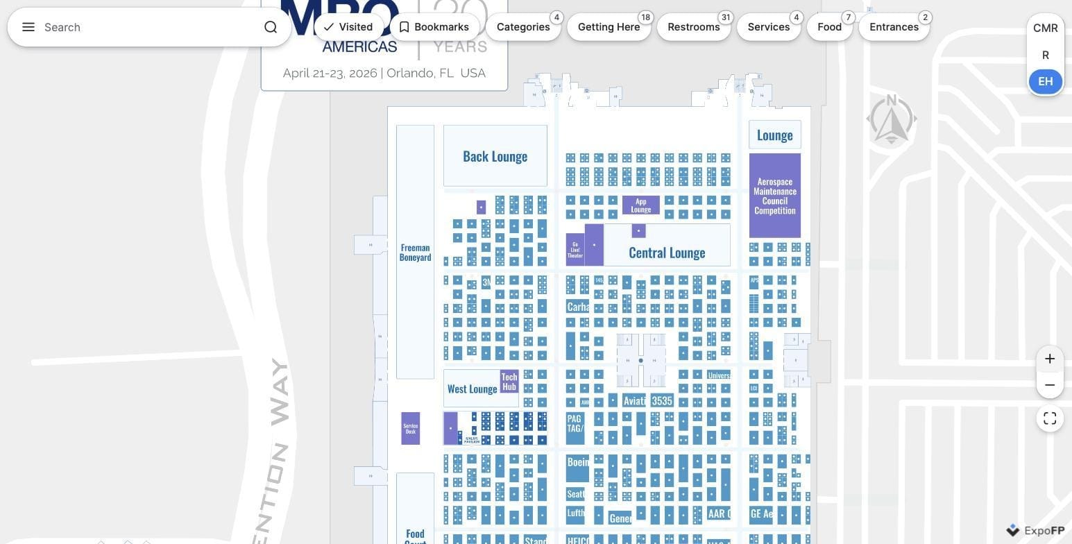 MRO Americas 2026 interactive floor plan at the Orange County Convention Center showing lounges, theaters and sponsored pavilions