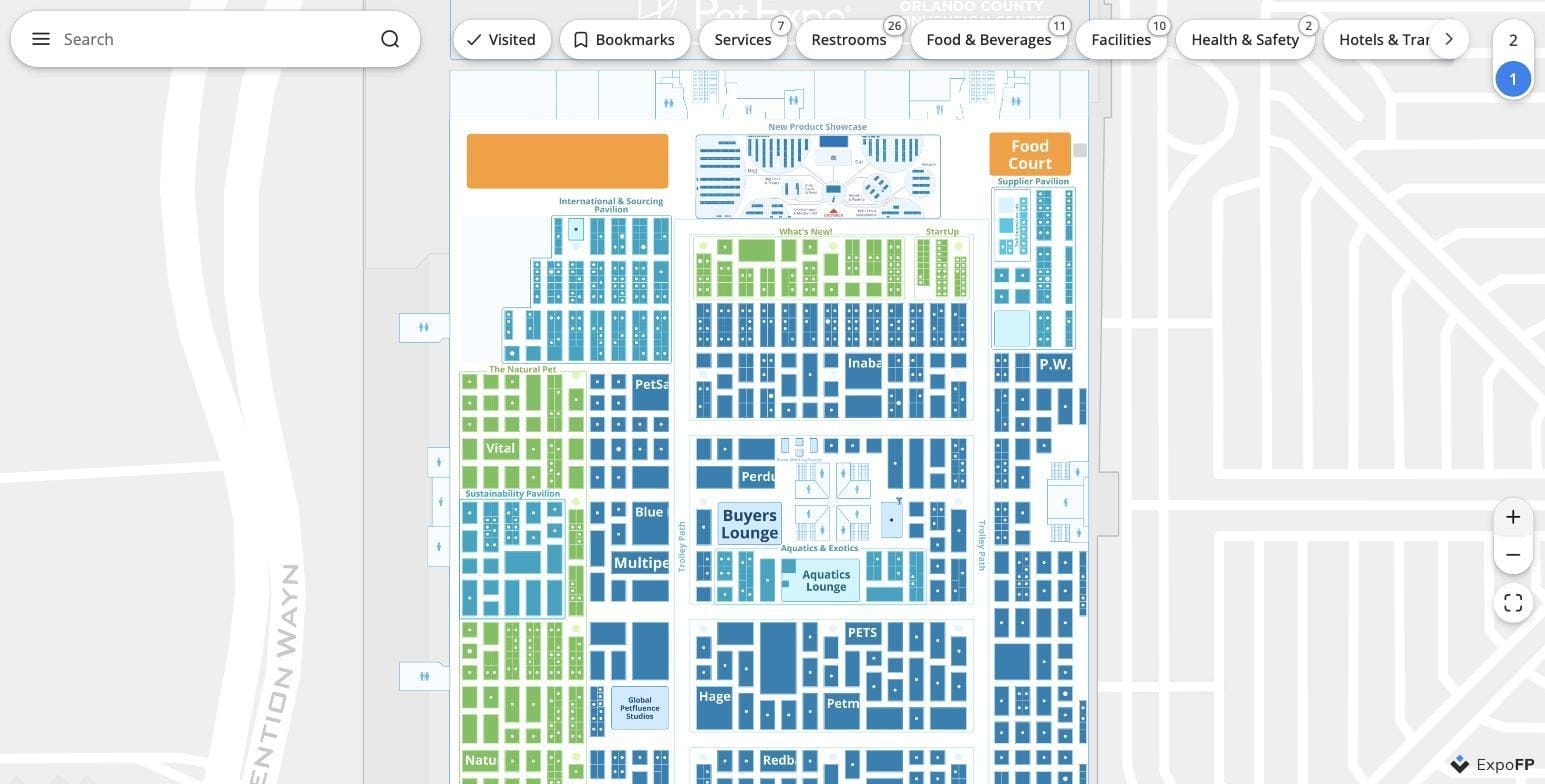 Global Pet Expo 2026 interactive floor plan at the Orange County Convention Center showing themed pavilions: Natural Pet, Sustainability, What’s New, StartUp and International Sourcing