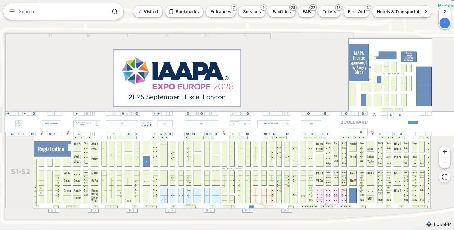 IAAPA Expo Europe 2026 interactive floor plan at ExCeL London showing South Halls S1–S23, registration, the Boulevard and the IAAPA Theatre
