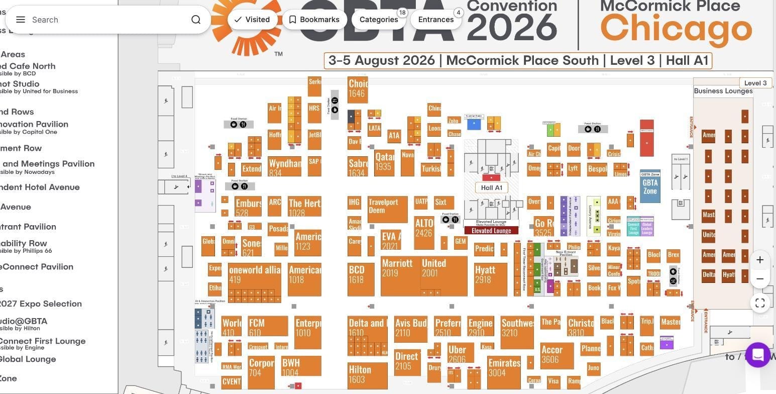 GBTA Convention 2026 interactive floor plan in Hall A1 at McCormick Place, Chicago, with sponsored pavilions, lounges and named exhibitor stands