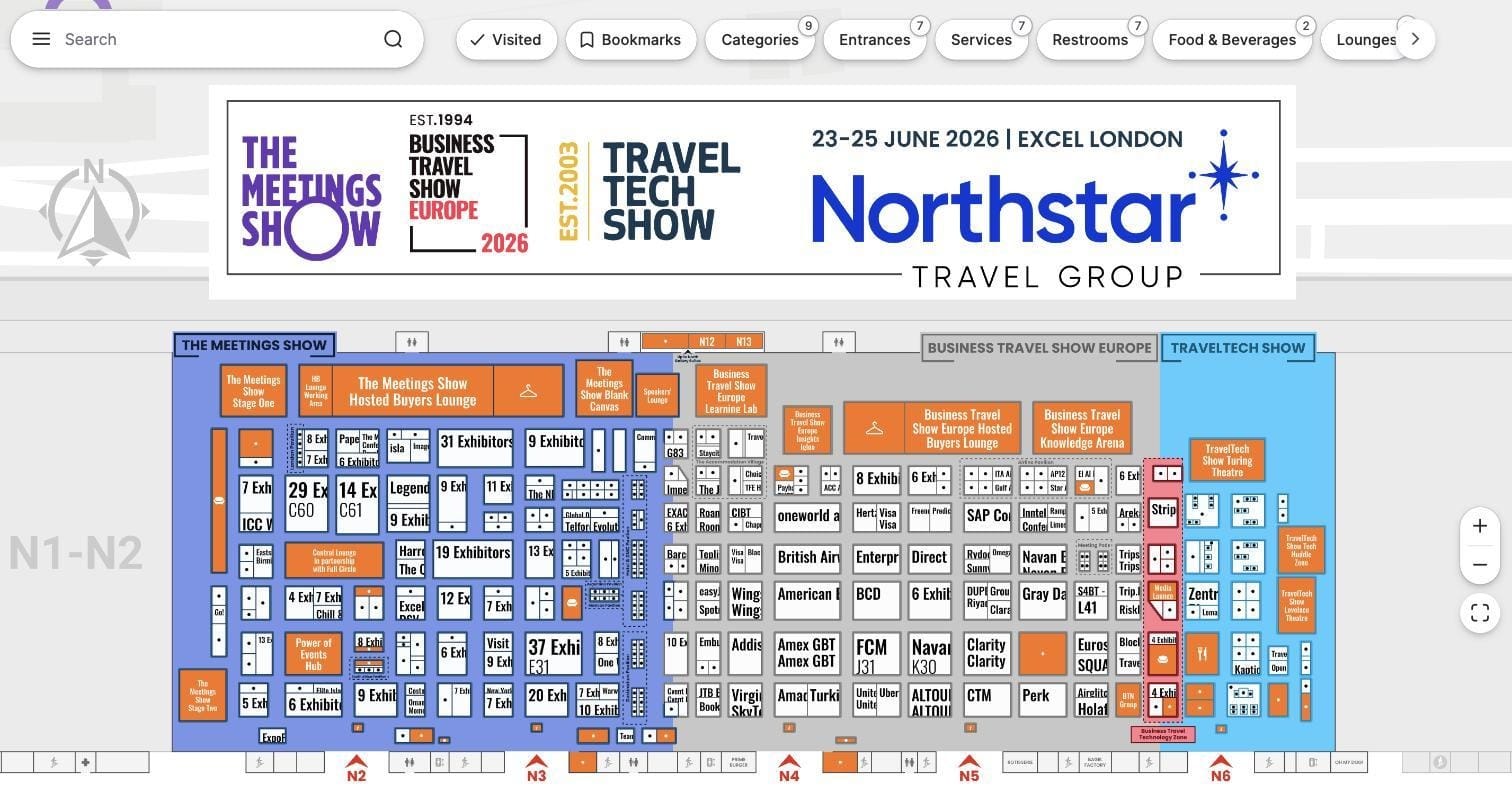 Northstar 2026 zone and hall signage on the interactive floor plan at ExCeL London