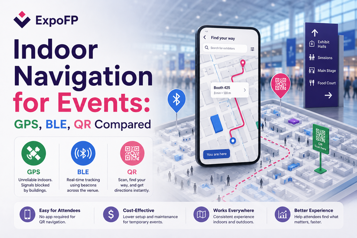 Indoor Navigation for Events: GPS, BLE, QR Compared