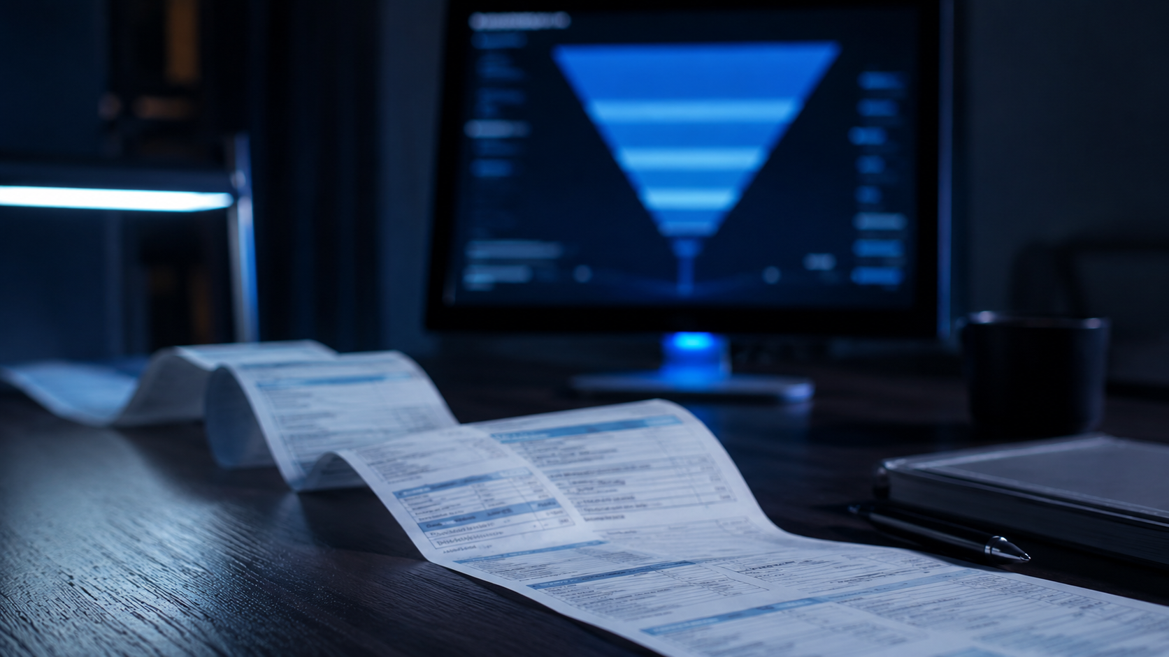 Auditor revisa facturas y notas crédito en pantalla para detectar fraude en ingresos