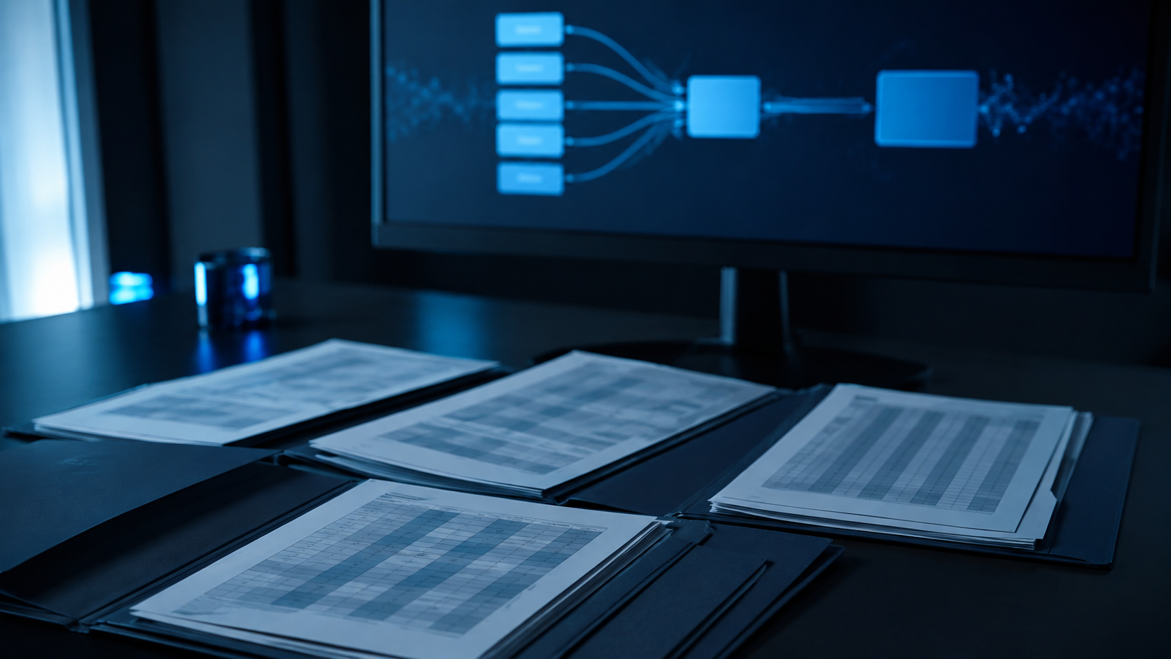 Equipo financiero revisando estados consolidados de varias compañías con apoyo de inteligencia artificial