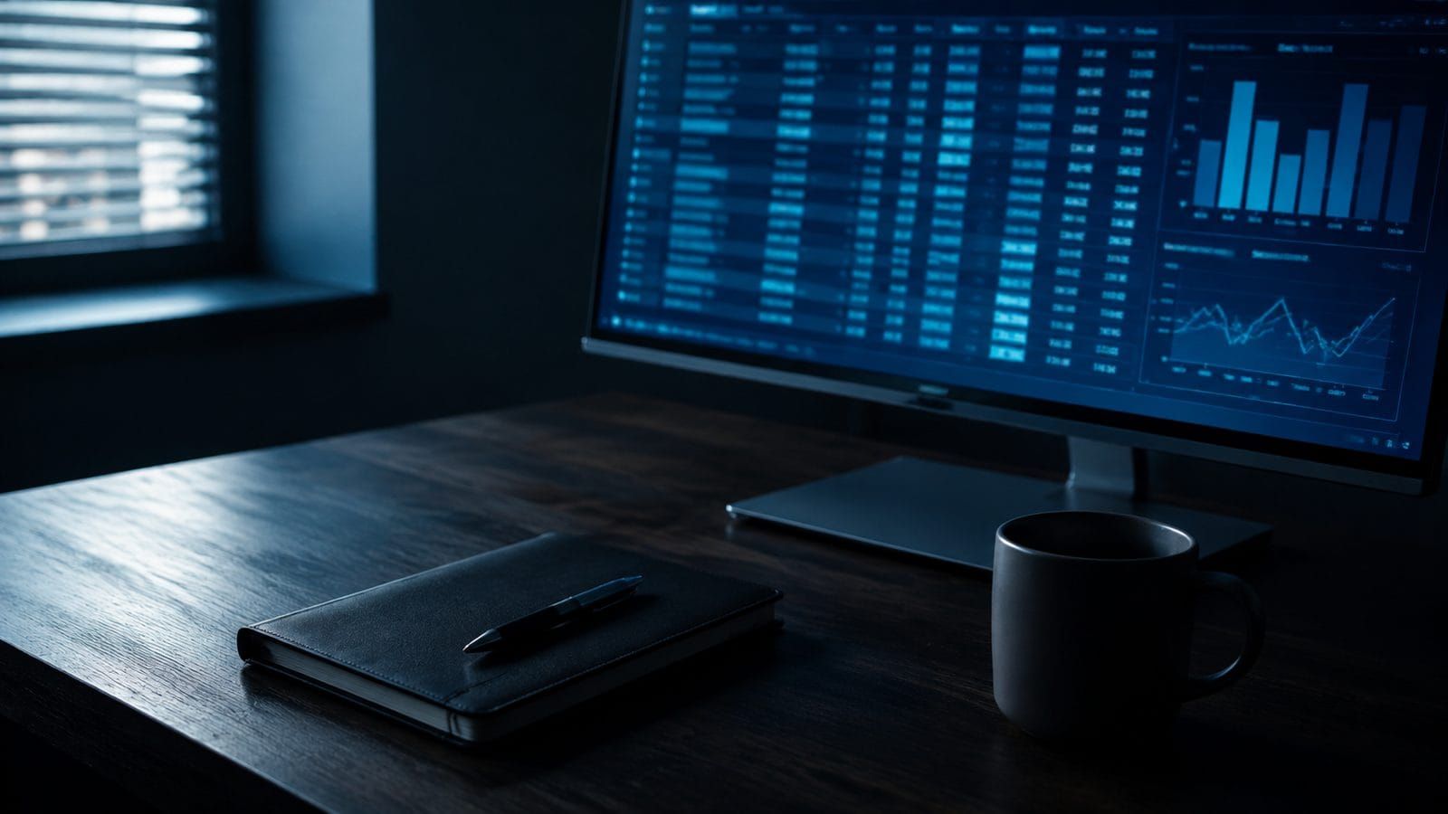 Monitor con tablas y gráficas de datos sobre un escritorio de madera en penumbra, como los cruces de información exógena de la DIAN