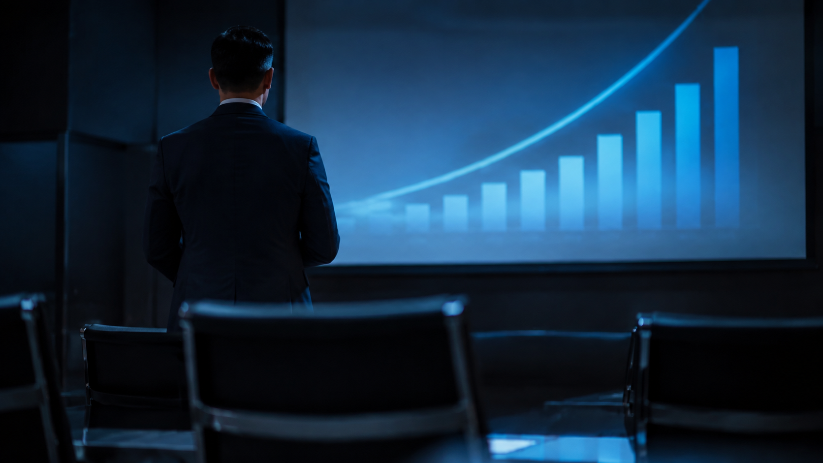 Profesional financiero expone un gráfico ante una junta directiva usando data storytelling con IA