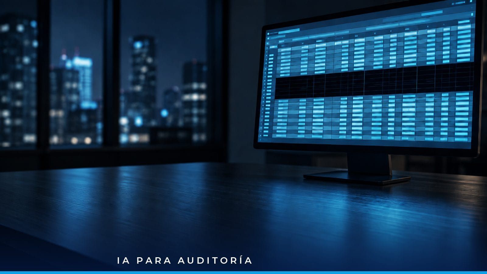 Hoja de cálculo iluminada en azul sobre una pantalla en penumbra, con una franja de filas en negro en el centro, como símbolo de un informe que cuadra pero esconde una omisión