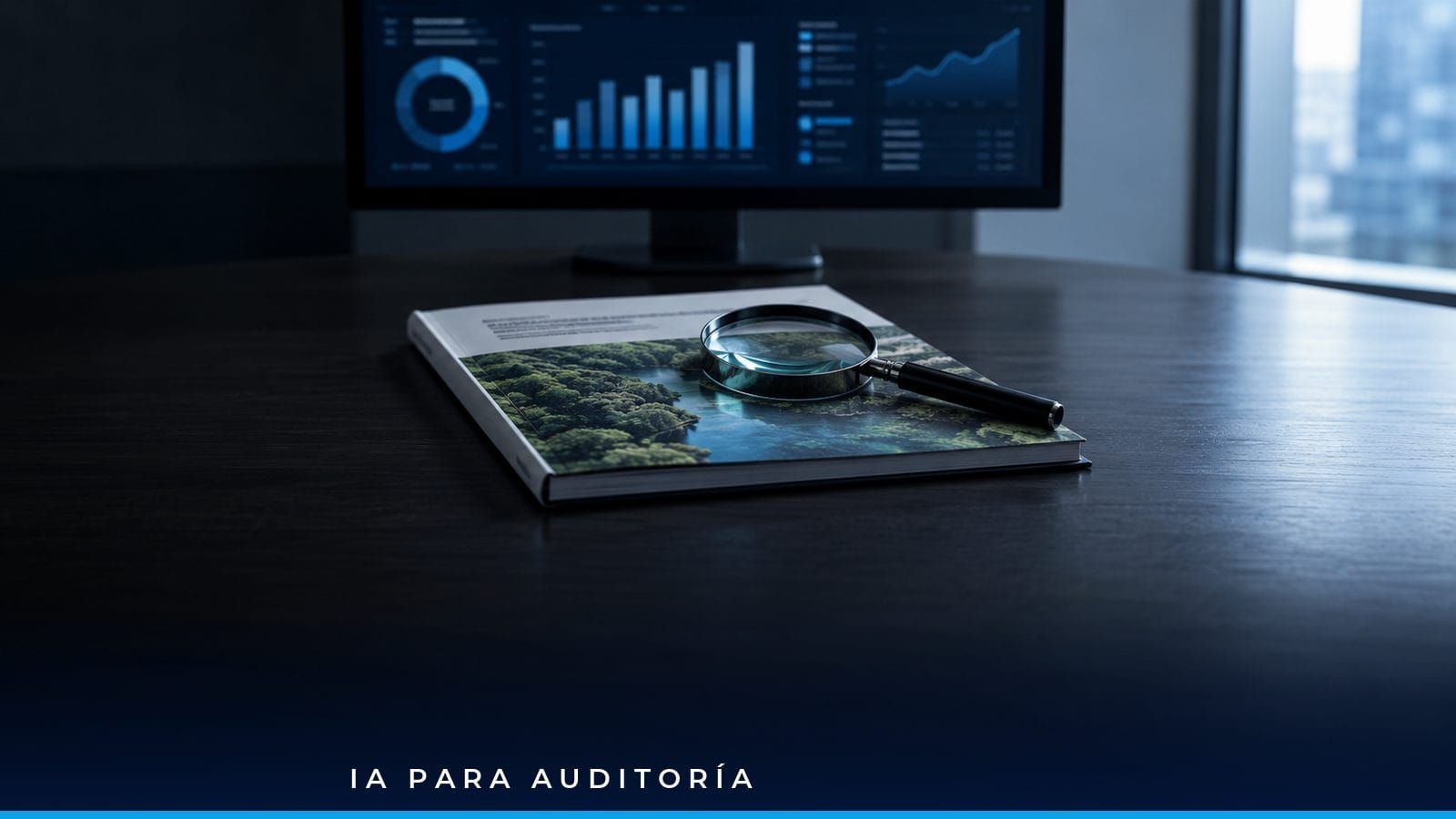 Auditora revisando en pantalla el inventario de emisiones de un reporte de sostenibilidad corporativo