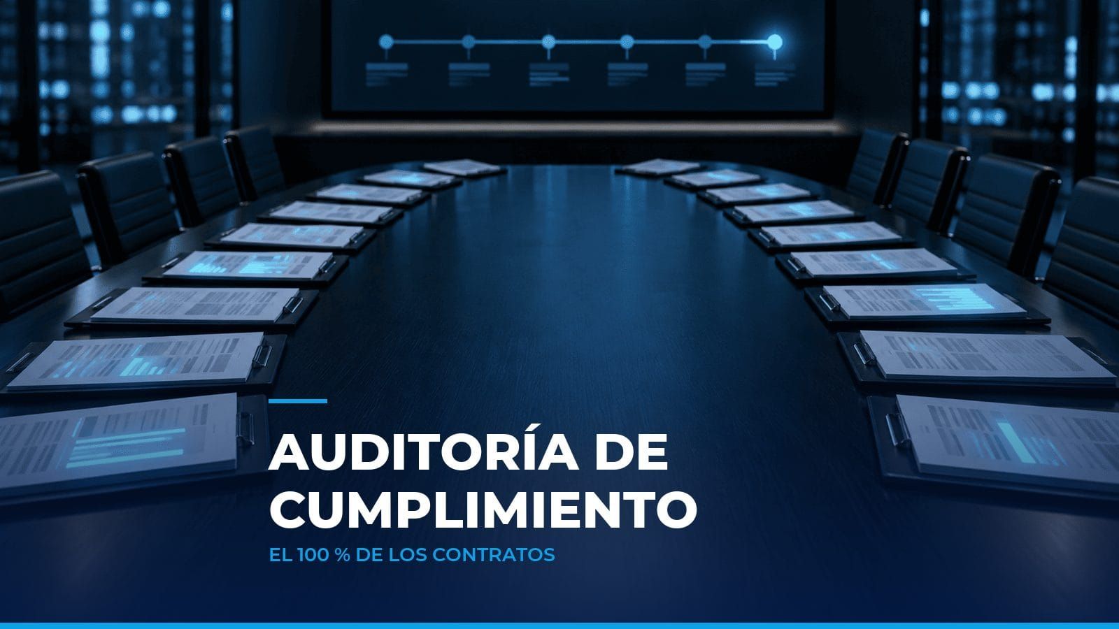 Mesa de juntas con contratos en fila iluminados en cian y una línea de tiempo de vencimientos al fondo, como símbolo de la auditoría de cumplimiento con IA