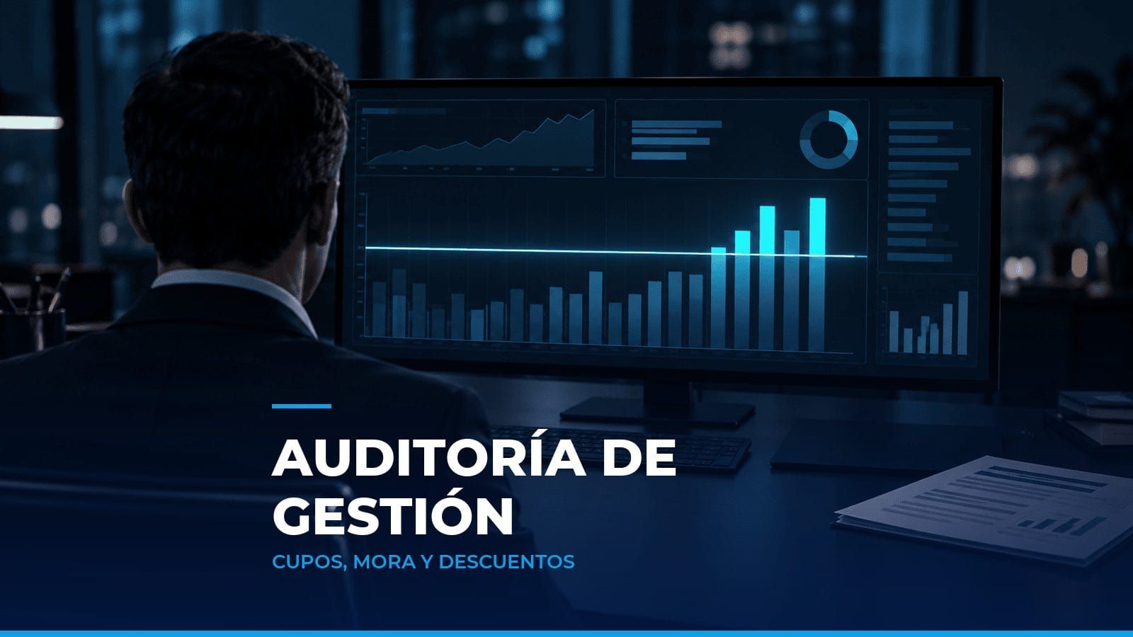 Auditor de espaldas frente a un tablero con barras que sobrepasan una línea de límite iluminada en cian, como símbolo de la auditoría de gestión de cartera