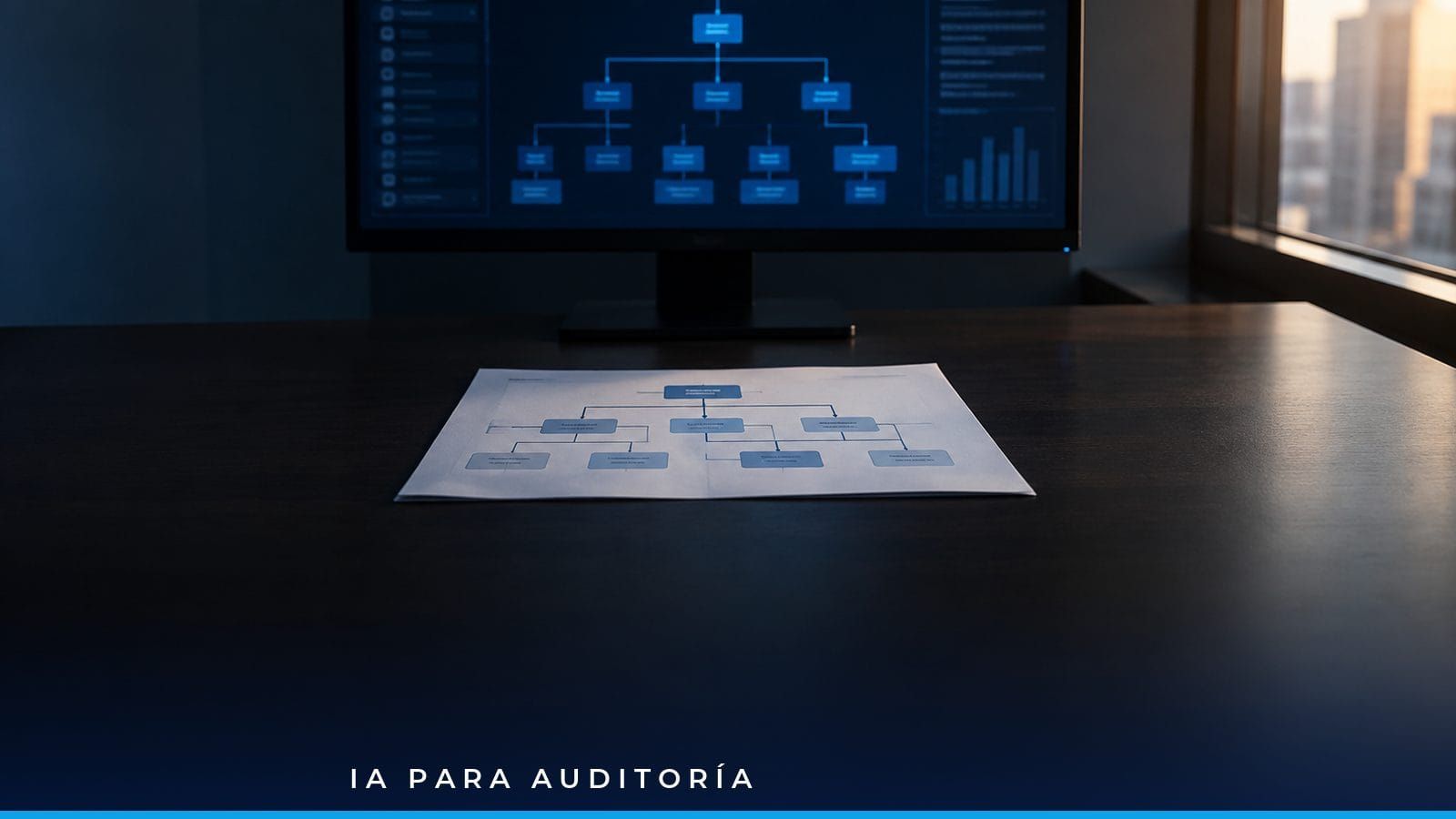Auditor revisando un mapa de vinculación societaria en pantalla junto a estados financieros