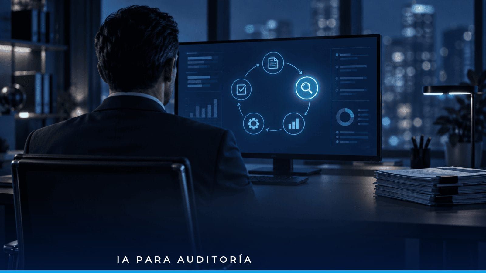 Auditor de espaldas frente a una pantalla con un ciclo de auditoría iluminado en azul, como símbolo de la formación en IA para auditoría interna