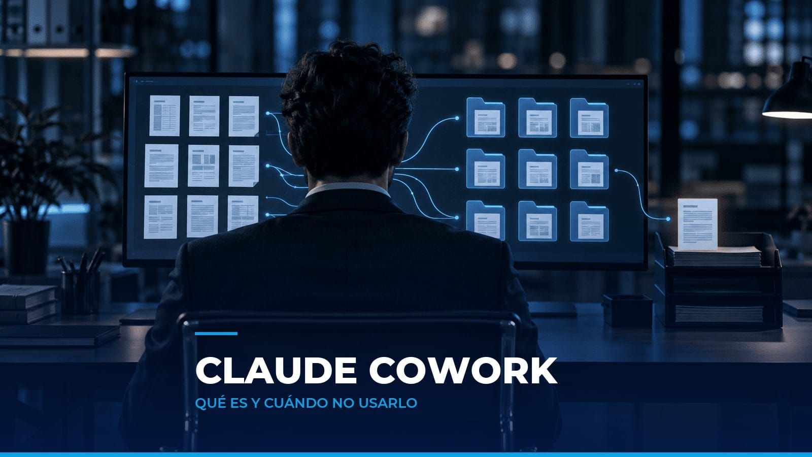 Contador de espaldas frente a una pantalla donde los documentos se ordenan solos en carpetas y uno queda aparte para revisión, como símbolo de Claude Cowork para contadores