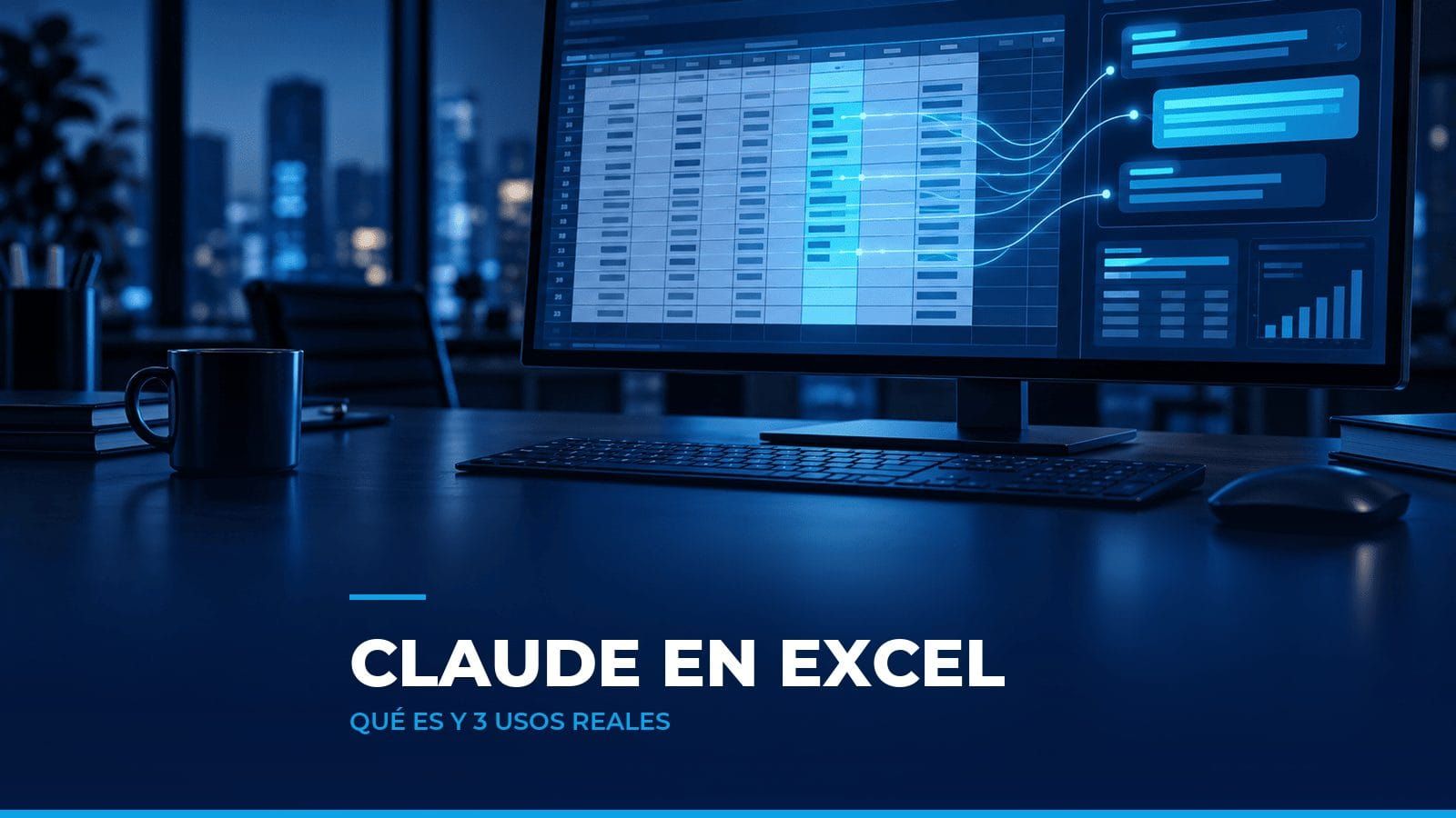 Monitor con una hoja de cálculo y un panel lateral de asistente del que fluyen líneas cian hacia las celdas, como símbolo de Claude en Excel para contadores