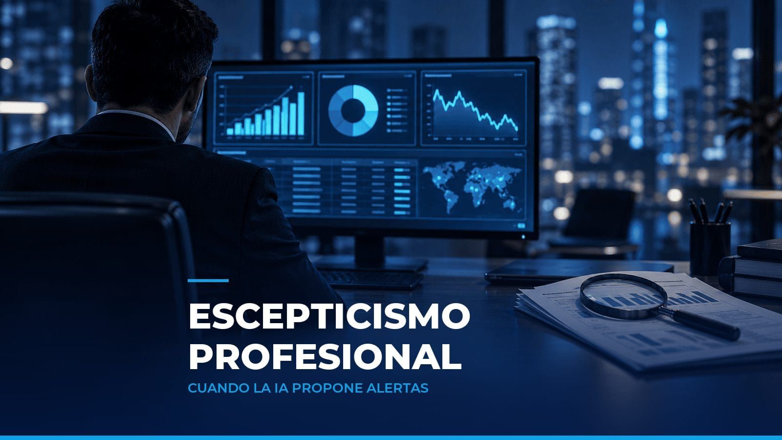 Auditor de espaldas frente a un tablero con indicadores y una lupa sobre un informe impreso, como símbolo del escepticismo profesional ante las alertas de la IA