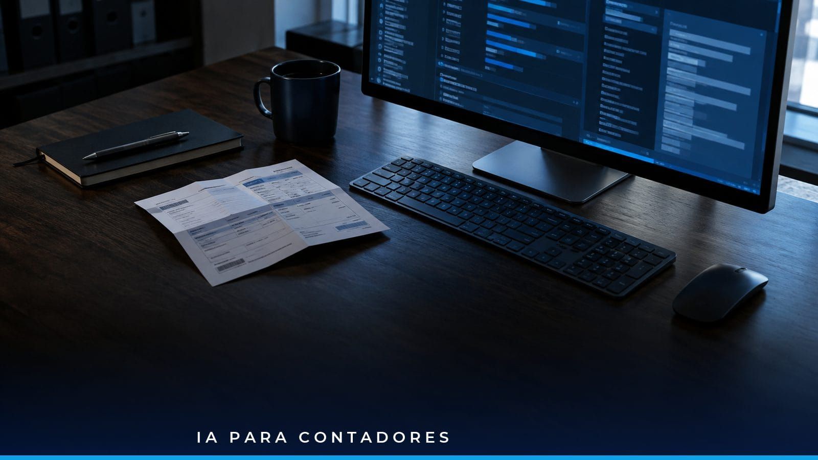 Contador revisando en pantalla el XML de una factura electrónica junto a tableros de análisis de ventas