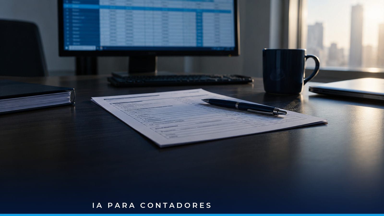 Contador revisando en pantalla el formulario 300 del IVA junto a documentos electrónicos de la DIAN